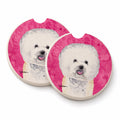 Pink Bichon Frise Set of 2 Cup Holder Car Coasters Absorbent Round Sandstone Coasters Gifts for Men or Women, 2.5, Multicolor