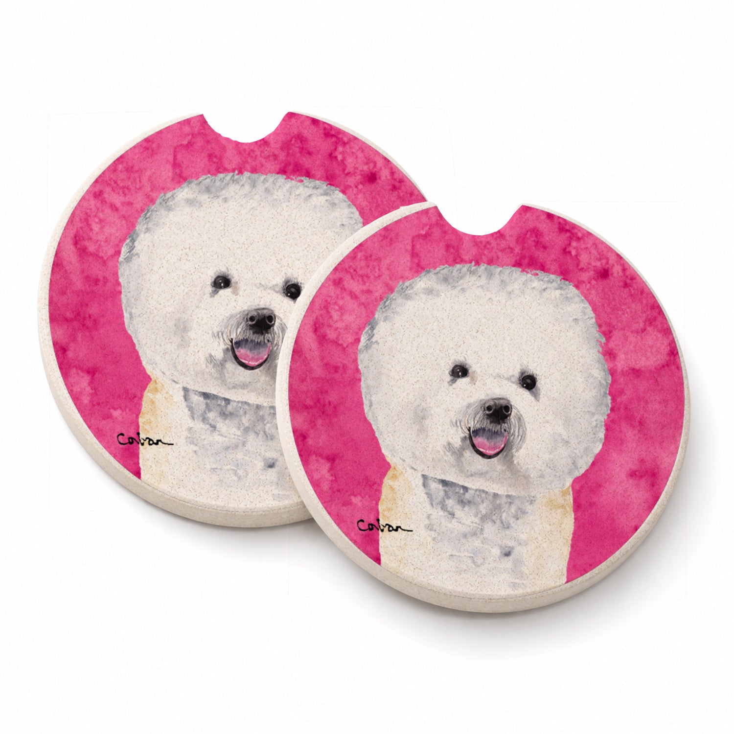 Pink Bichon Frise Set of 2 Cup Holder Car Coasters Absorbent Round Sandstone Coasters Gifts for Men or Women, 2.5, Multicolor