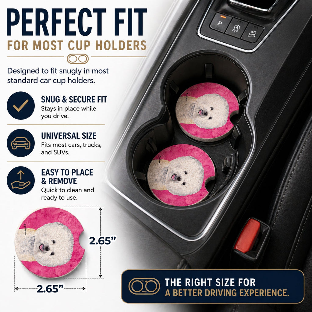 Pink Bichon Frise Set of 2 Cup Holder Car Coasters Absorbent Round Sandstone Coasters Gifts for Men or Women, 2.5, Multicolor