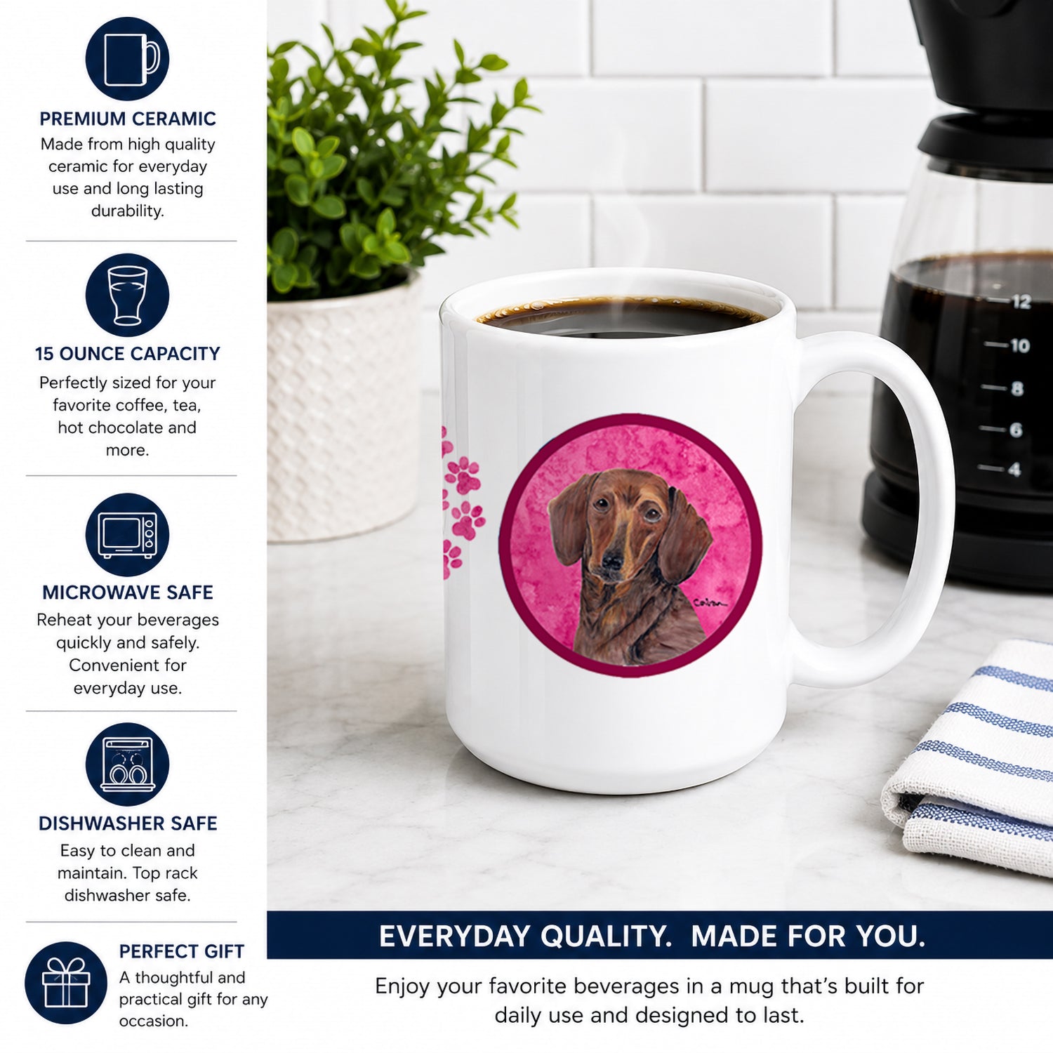 Pink Dachshund Ceramic Coffee Mug 15 oz Decorative Large C Handle Mug Cup for Tea, Cocoa Hot Chocolate