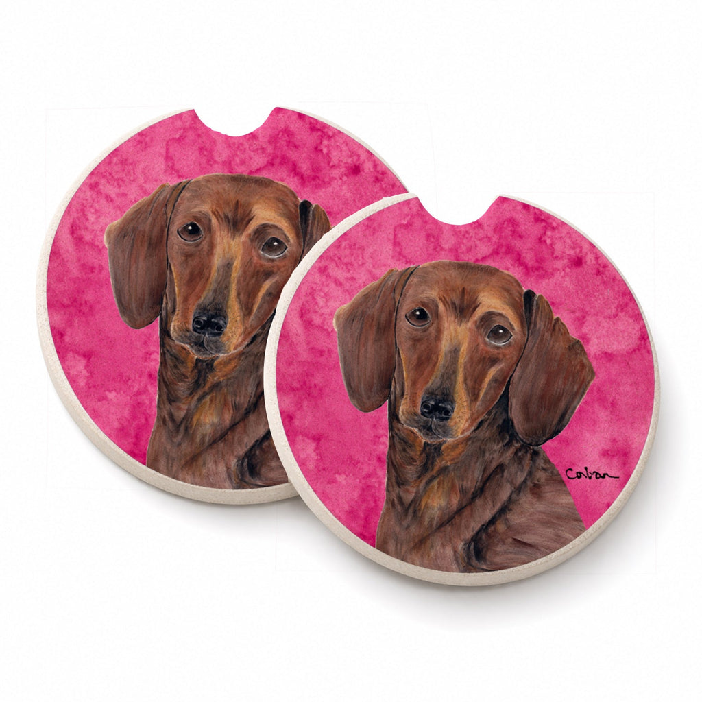 Pink Dachshund Set of 2 Cup Holder Car Coasters Absorbent Round Sandstone Coasters Gifts for Men or Women, 2.5, Multicolor