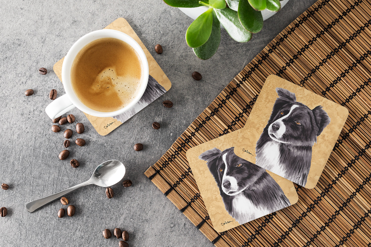Border Collie Wipe your Paws Foam Coasters Set of 4 Cup Coasters for Indoor Outdoor, Tabletop Protection, Anti Slip, Mouse pad Material