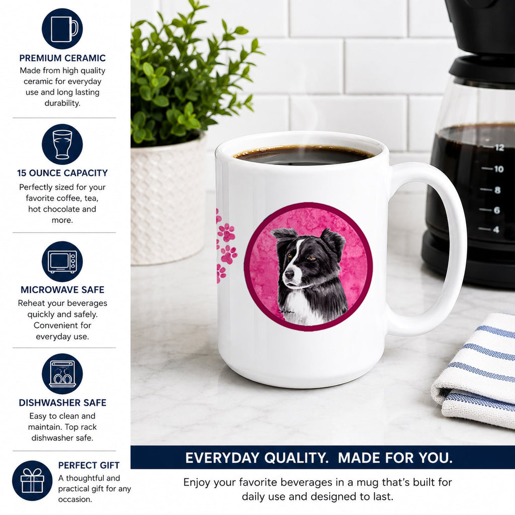 Pink Border Collie Ceramic Coffee Mug 15 oz Decorative Large C Handle Mug Cup for Tea, Cocoa Hot Chocolate