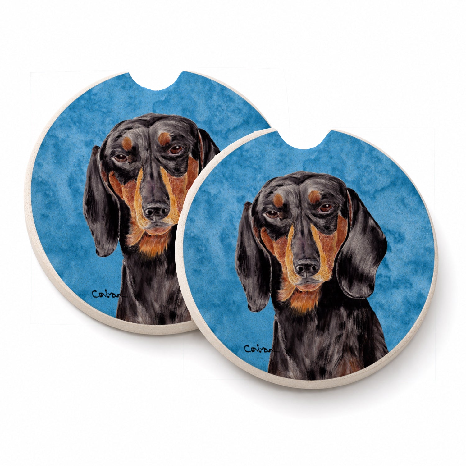 Blue Dachshund Set of 2 Cup Holder Car Coasters Absorbent Round Sandstone Coasters Gifts for Men or Women, 2.5, Multicolor