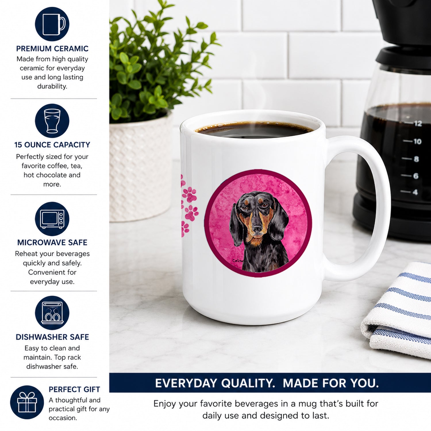 Pink Dachshund Ceramic Coffee Mug 15 oz Decorative Large C Handle Mug Cup for Tea, Cocoa Hot Chocolate