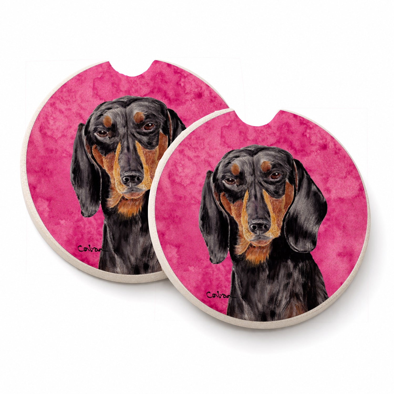 Pink Dachshund Set of 2 Cup Holder Car Coasters Absorbent Round Sandstone Coasters Gifts for Men or Women, 2.5, Multicolor