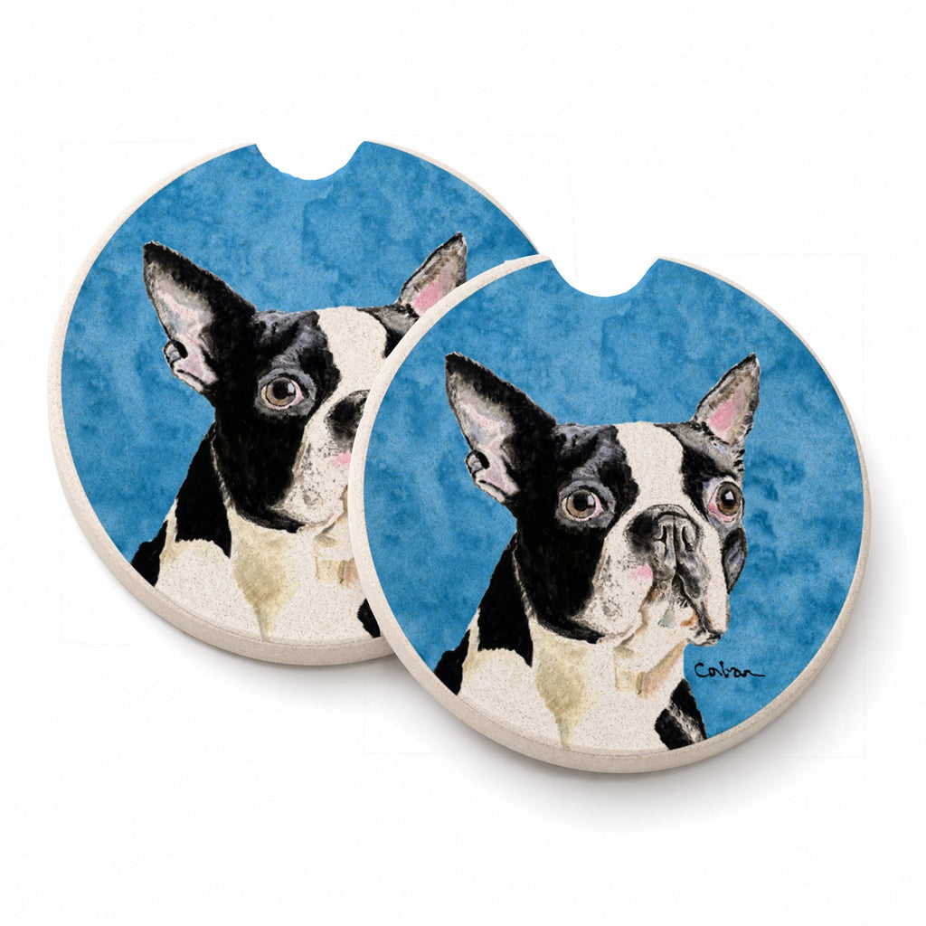 Blue Boston Terrier Set of 2 Cup Holder Car Coasters Absorbent Round Sandstone Coasters Gifts for Men or Women, 2.5, Multicolor