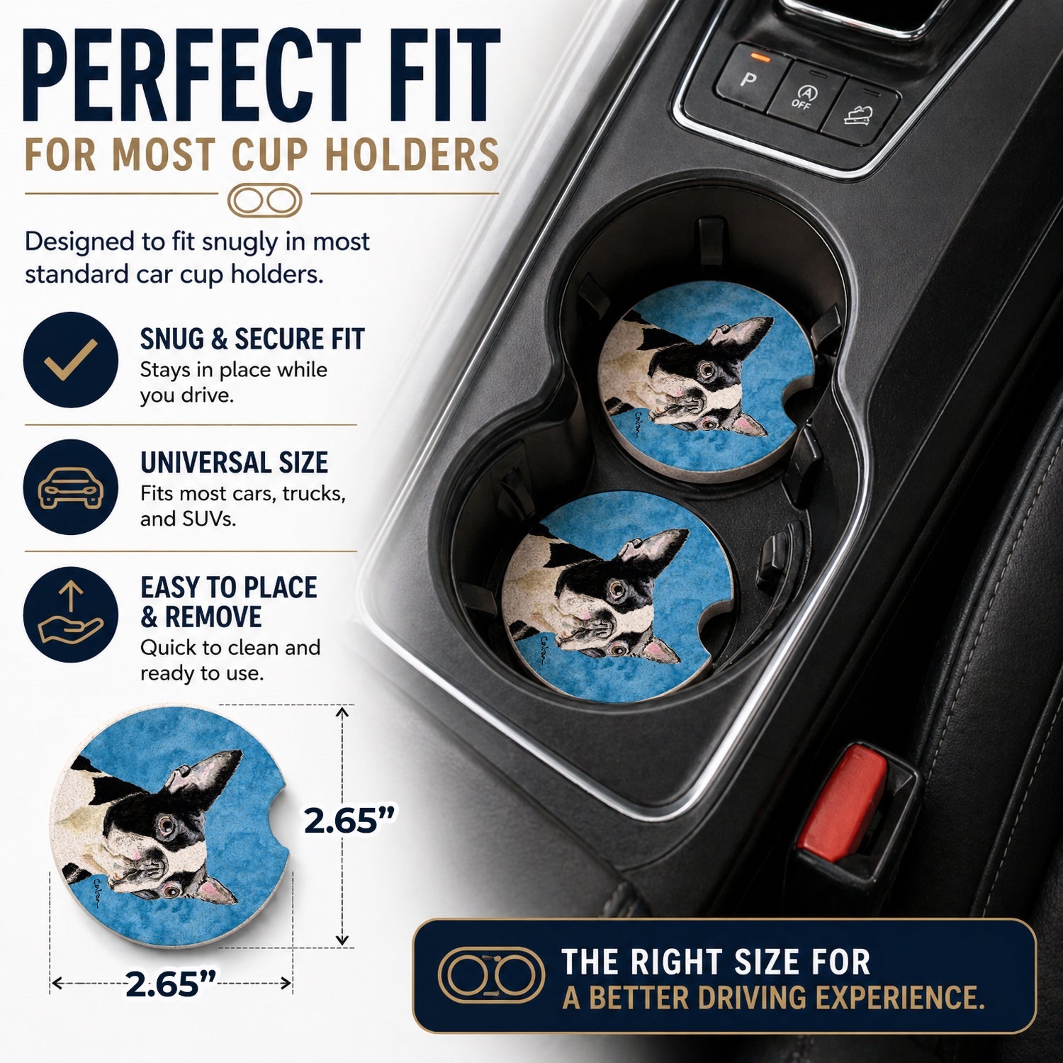 Blue Boston Terrier Set of 2 Cup Holder Car Coasters Absorbent Round Sandstone Coasters Gifts for Men or Women, 2.5, Multicolor