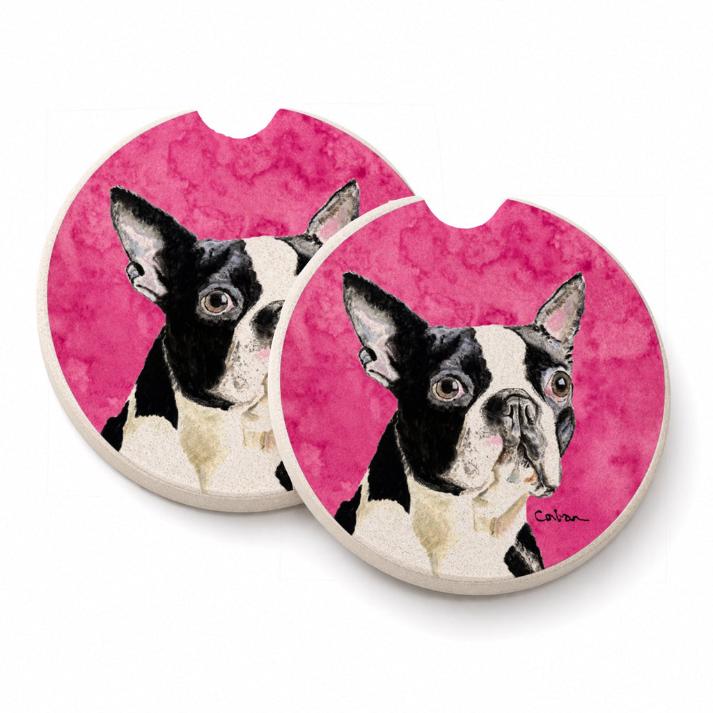 Pink Boston Terrier Set of 2 Cup Holder Car Coasters Absorbent Round Sandstone Coasters Gifts for Men or Women, 2.5, Multicolor