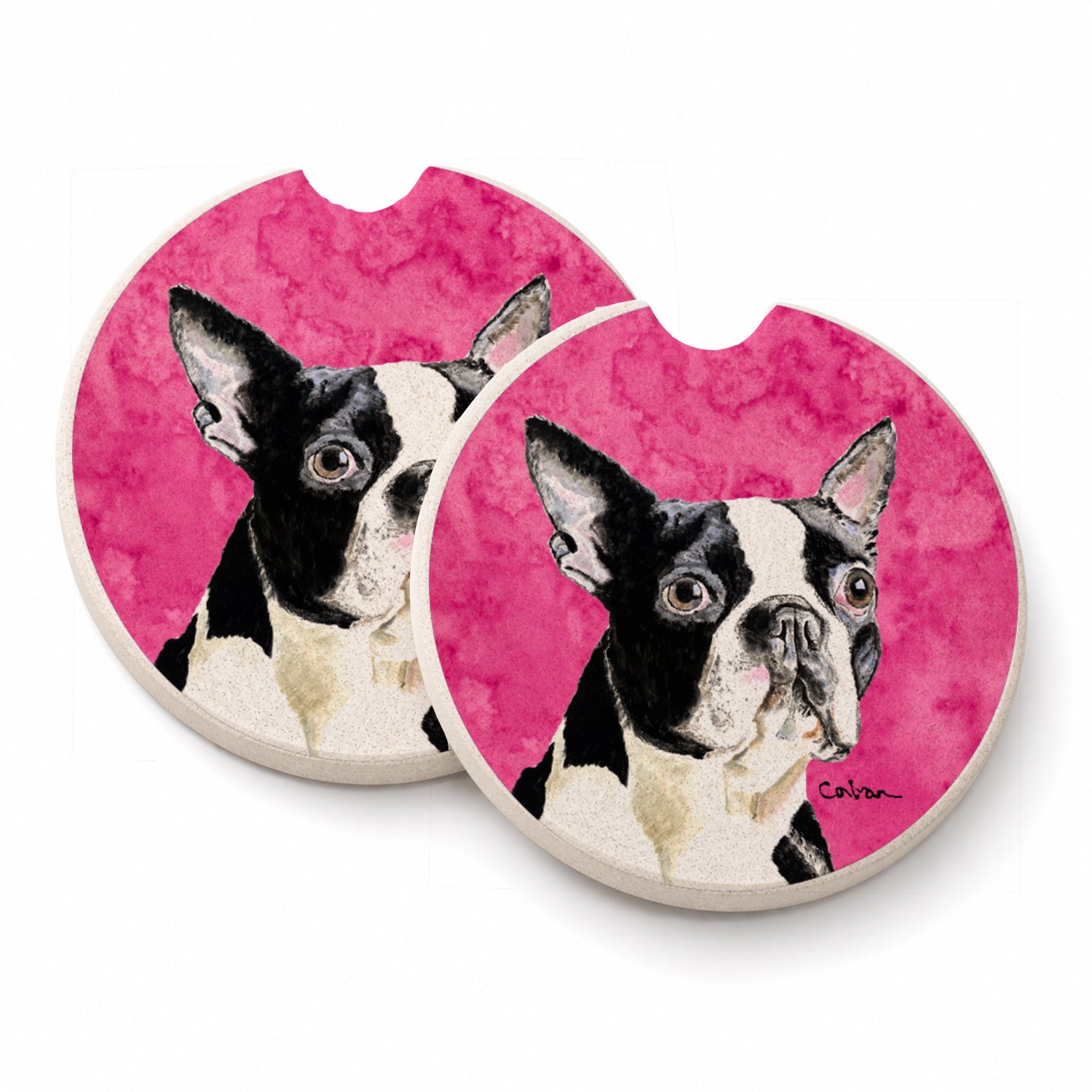 Pink Boston Terrier Set of 2 Cup Holder Car Coasters Absorbent Round Sandstone Coasters Gifts for Men or Women, 2.5, Multicolor