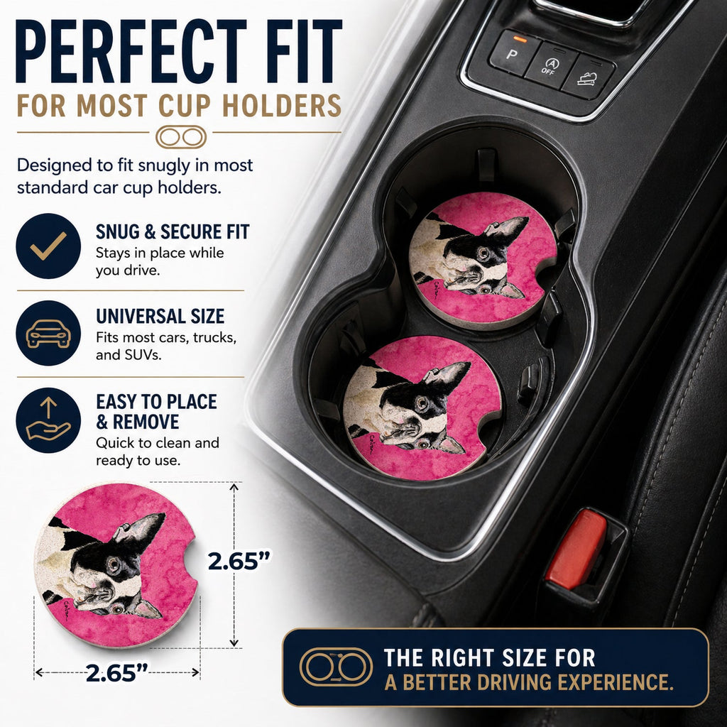 Pink Boston Terrier Set of 2 Cup Holder Car Coasters Absorbent Round Sandstone Coasters Gifts for Men or Women, 2.5, Multicolor