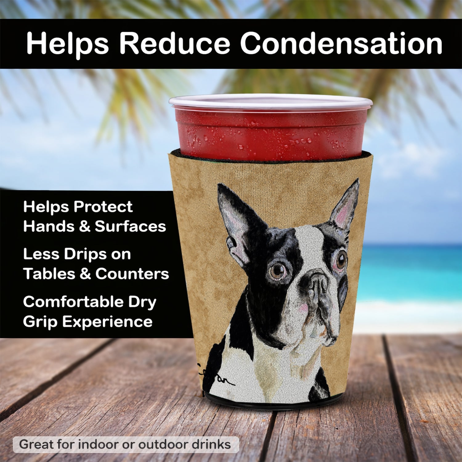 Boston Terrier Wipe your Paws Red Cup Hugger Sleeve for 16–22 oz Party Cups, Insulated Foam Drink Holder for Iced Coffee, Tailgate & BBQ Reusable