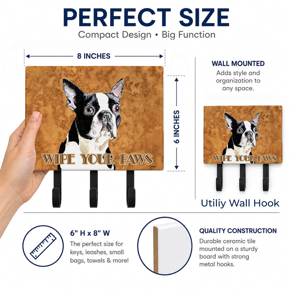 Boston Terrier Wipe your Paws Leash or Key Holder Wall Hooks, Coat Rack Wall Mount, for Hanging Keys, Towels, Aprons, Leashes
