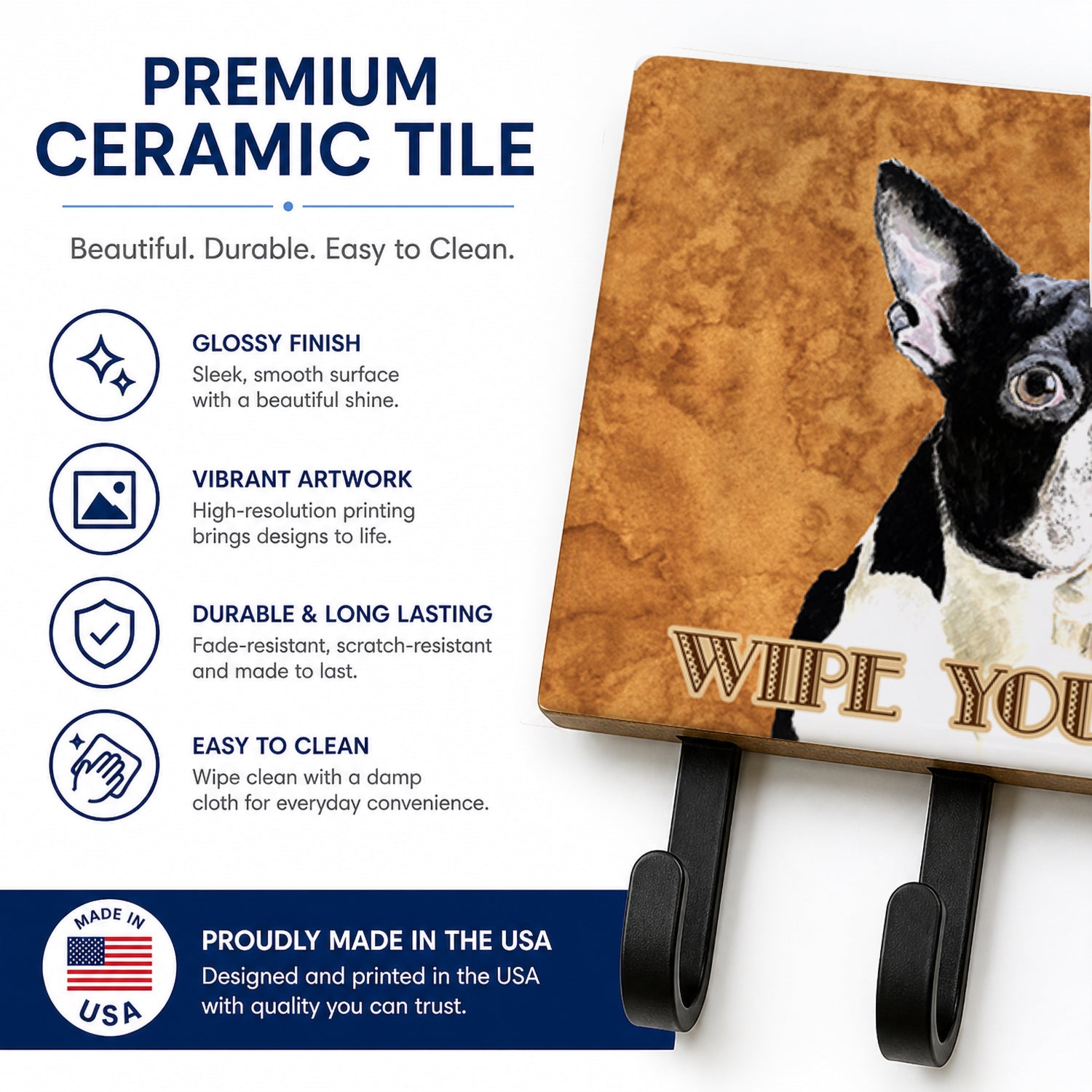Boston Terrier Wipe your Paws Leash or Key Holder Wall Hooks, Coat Rack Wall Mount, for Hanging Keys, Towels, Aprons, Leashes