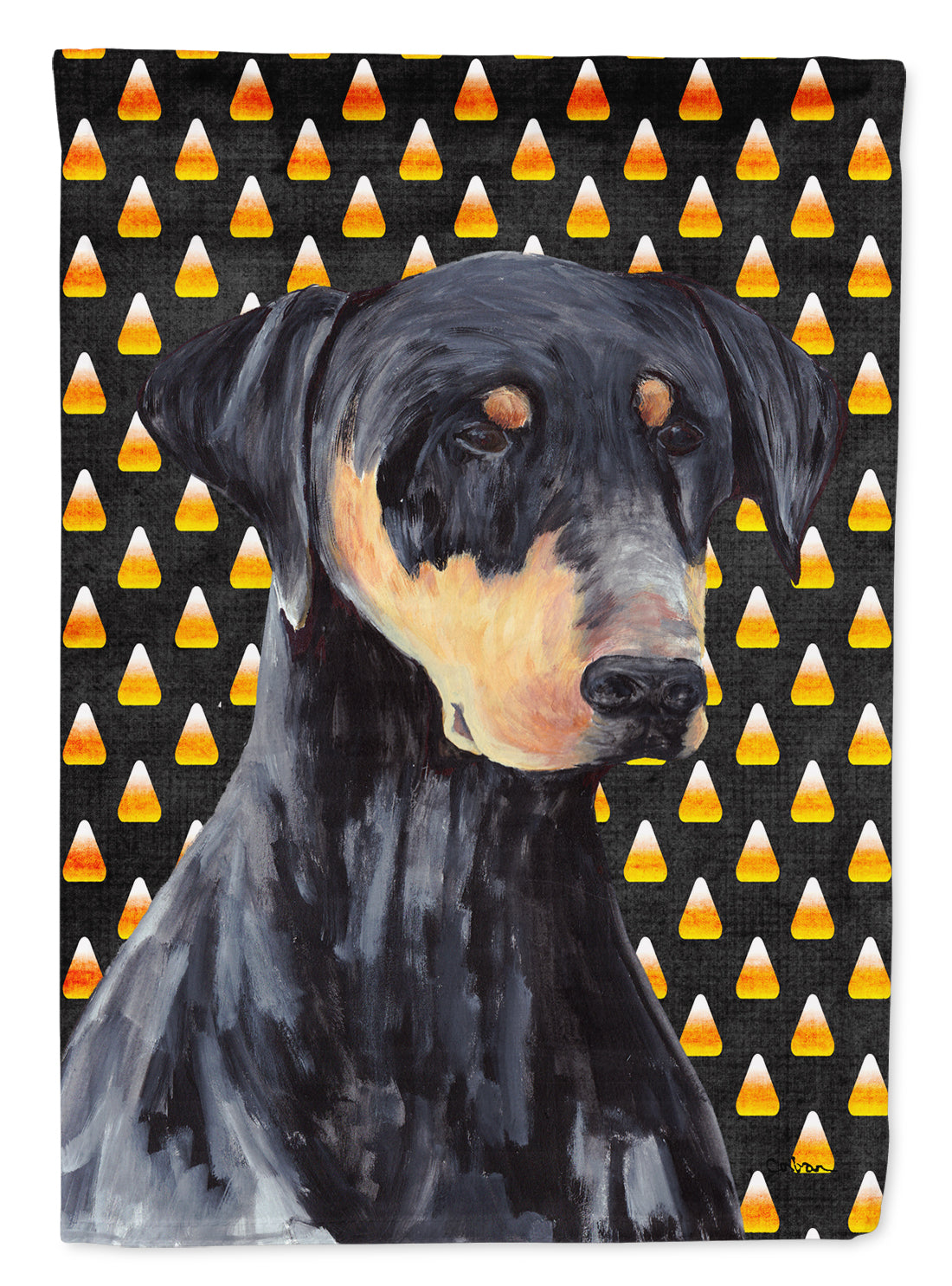 Doberman Natural Ears Candy Corn Halloween Portrait House Flag 28x40 Porch Sleeve Pole Decorative Outside Yard Banner Artwork Wall Hanging, Polyester