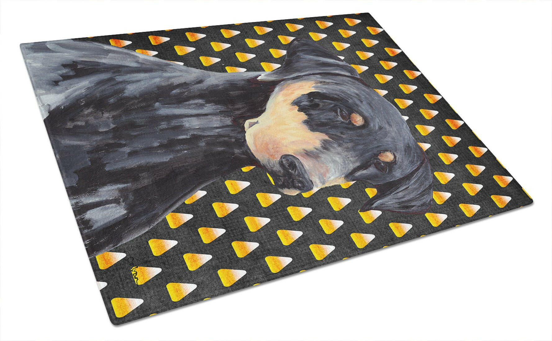Doberman Natural Ears Candy Corn Halloween Portrait Cutting Board Tempered Glass Kitchen Cutting Surface, Heat Resistant Chopping, Non-Slip Feet, Food Prep & Serving