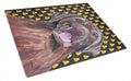 Labrador Chocolate Candy Corn Halloween Portrait Cutting Board Tempered Glass Kitchen Cutting Surface, Heat Resistant Chopping, Non-Slip Feet, Food Prep & Serving