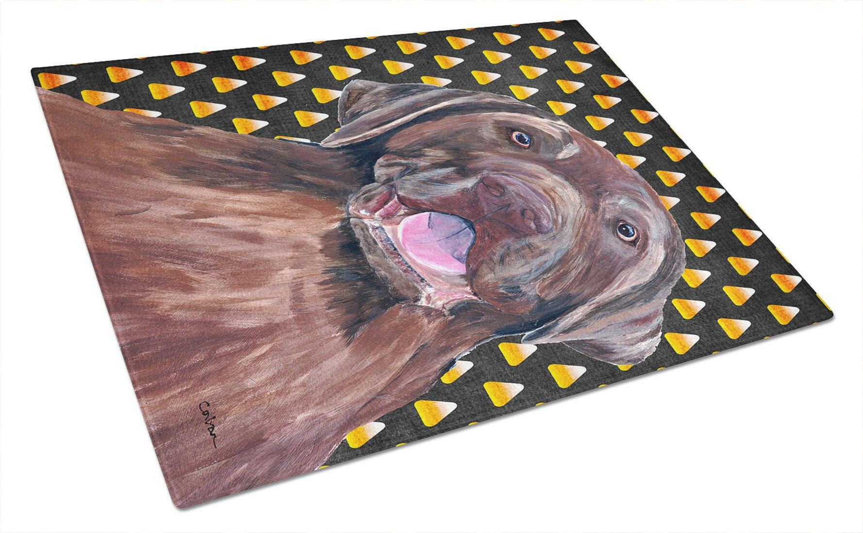 Labrador Chocolate Candy Corn Halloween Portrait Cutting Board Tempered Glass Kitchen Cutting Surface, Heat Resistant Chopping, Non-Slip Feet, Food Prep & Serving