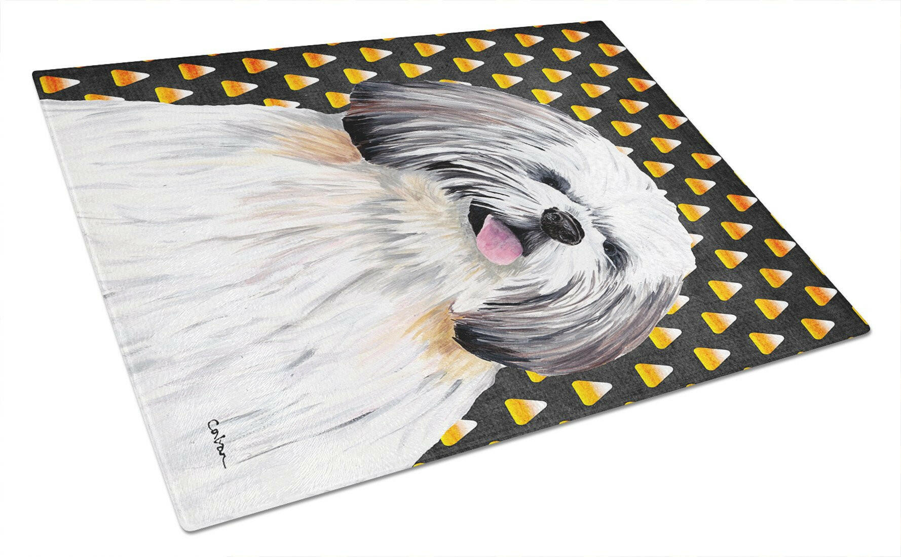 Shih Tzu Candy Corn Halloween Portrait Cutting Board Tempered Glass Kitchen Cutting Surface, Heat Resistant Chopping, Non-Slip Feet, Food Prep & Serving