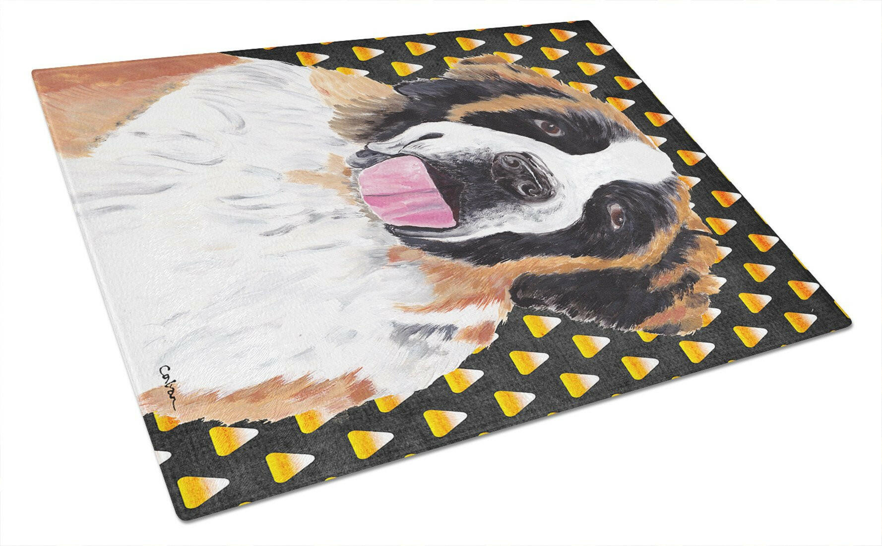 Saint Bernard Candy Corn Halloween Portrait Cutting Board Tempered Glass Kitchen Cutting Surface, Heat Resistant Chopping, Non-Slip Feet, Food Prep & Serving