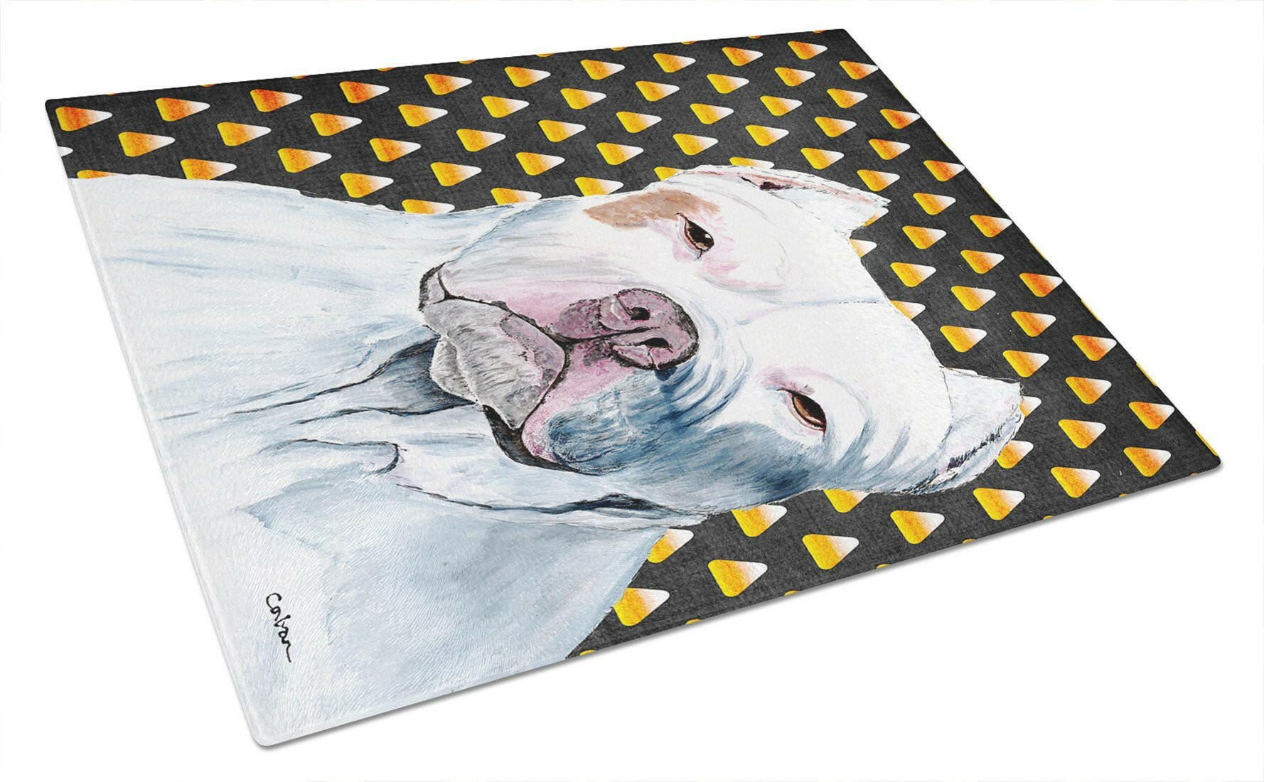 Pit Bull Candy Corn Halloween Portrait Cutting Board Tempered Glass Kitchen Cutting Surface, Heat Resistant Chopping, Non-Slip Feet, Food Prep & Serving
