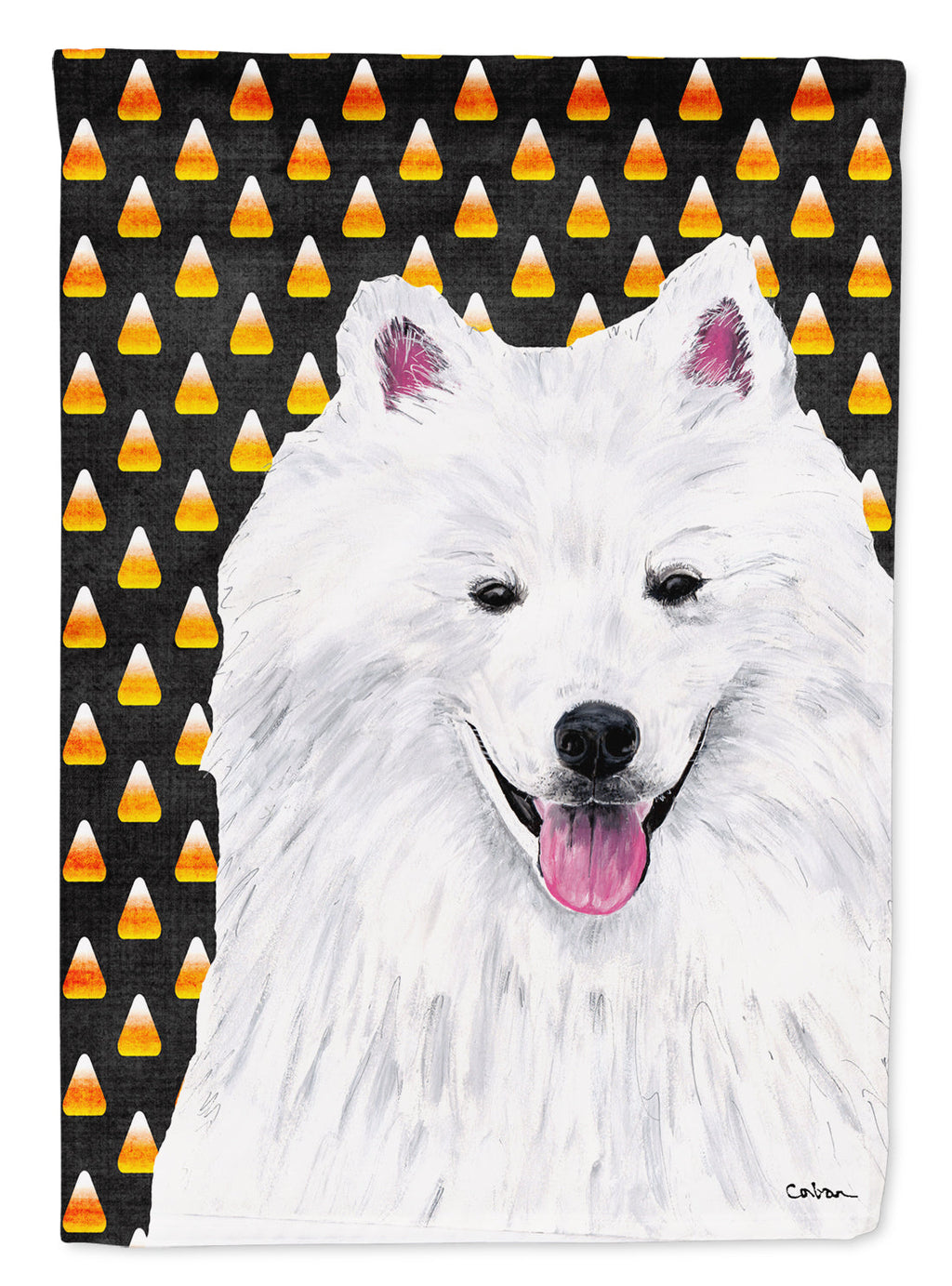 American Eskimo Candy Corn Halloween Portrait House Flag 28x40 Porch Sleeve Pole Decorative Outside Yard Banner Artwork Wall Hanging, Polyester
