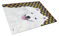 American Eskimo Candy Corn Halloween Portrait Cutting Board Tempered Glass Kitchen Cutting Surface, Heat Resistant Chopping, Non-Slip Feet, Food Prep & Serving
