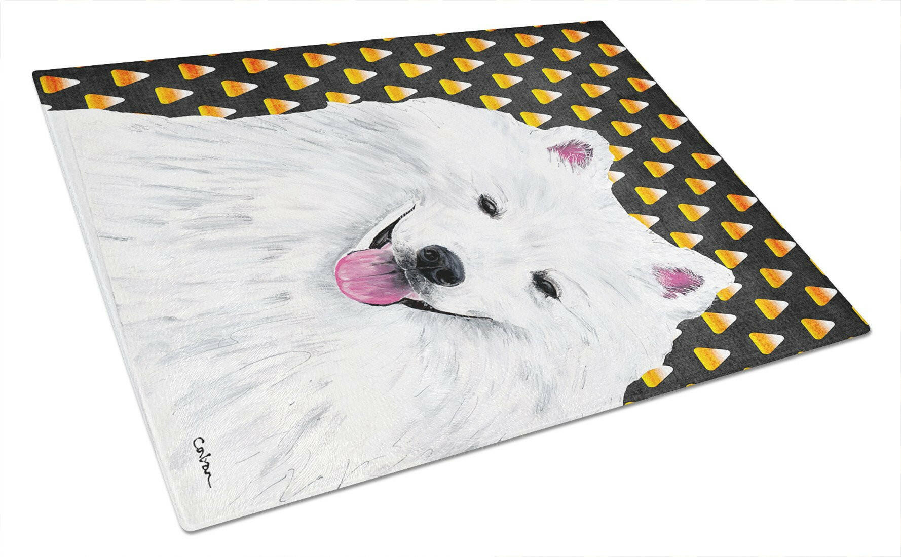 American Eskimo Candy Corn Halloween Portrait Cutting Board Tempered Glass Kitchen Cutting Surface, Heat Resistant Chopping, Non-Slip Feet, Food Prep & Serving
