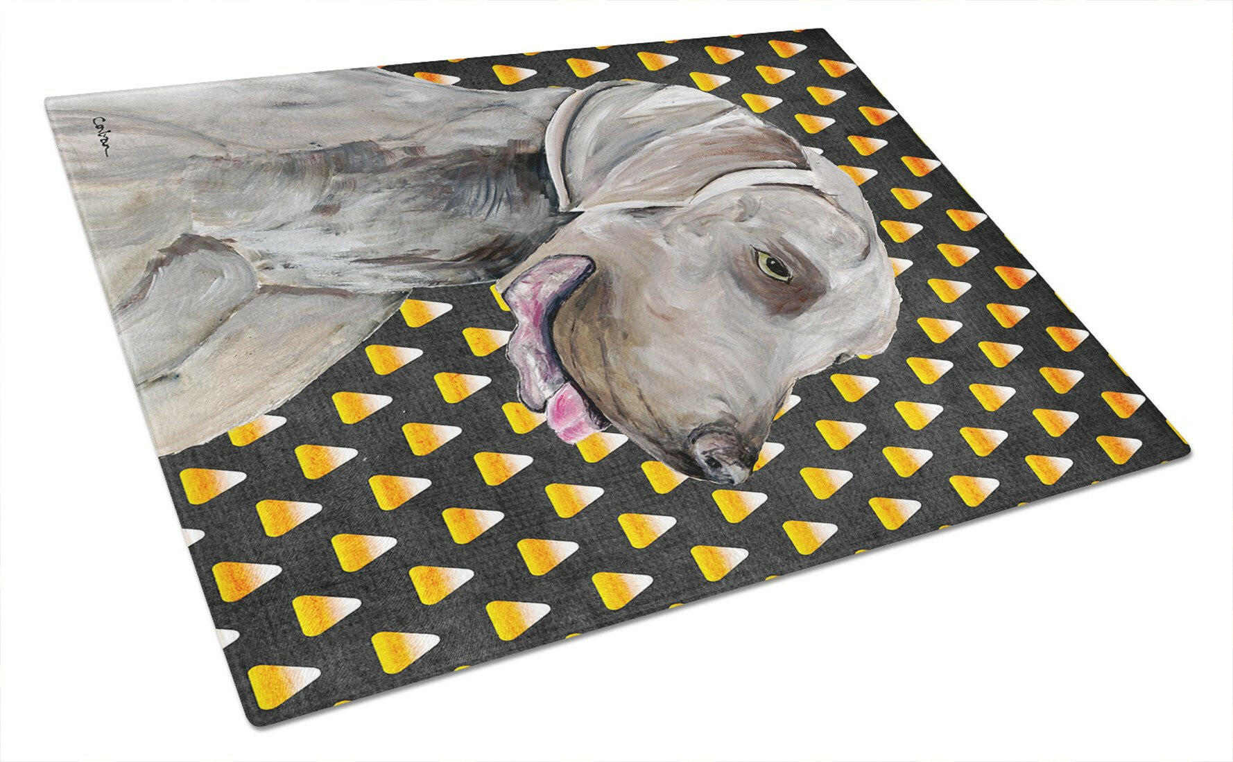 Weimaraner Candy Corn Halloween Portrait Cutting Board Tempered Glass Kitchen Cutting Surface, Heat Resistant Chopping, Non-Slip Feet, Food Prep & Serving