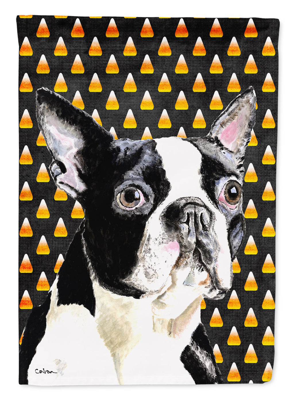Boston Terrier Candy Corn Halloween Portrait House Flag 28x40 Porch Sleeve Pole Decorative Outside Yard Banner Artwork Wall Hanging, Polyester