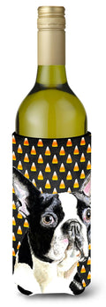 Boston Terrier Candy Corn Halloween Portrait Wine Bottle Hugger Gift Sleeve for Standard 750 ml Bottles, Insulated Reusable Also Fits Mini Shot & Pint Bottles