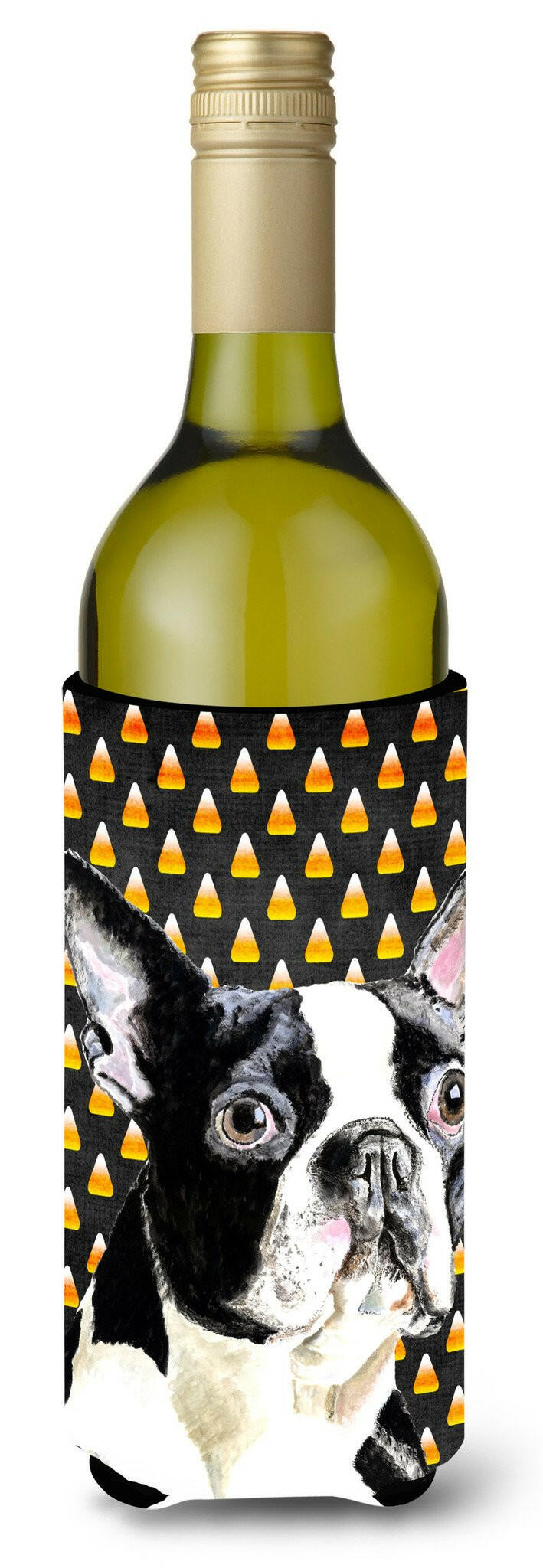 Boston Terrier Candy Corn Halloween Portrait Wine Bottle Hugger Gift Sleeve for Standard 750 ml Bottles, Insulated Reusable Also Fits Mini Shot & Pint Bottles