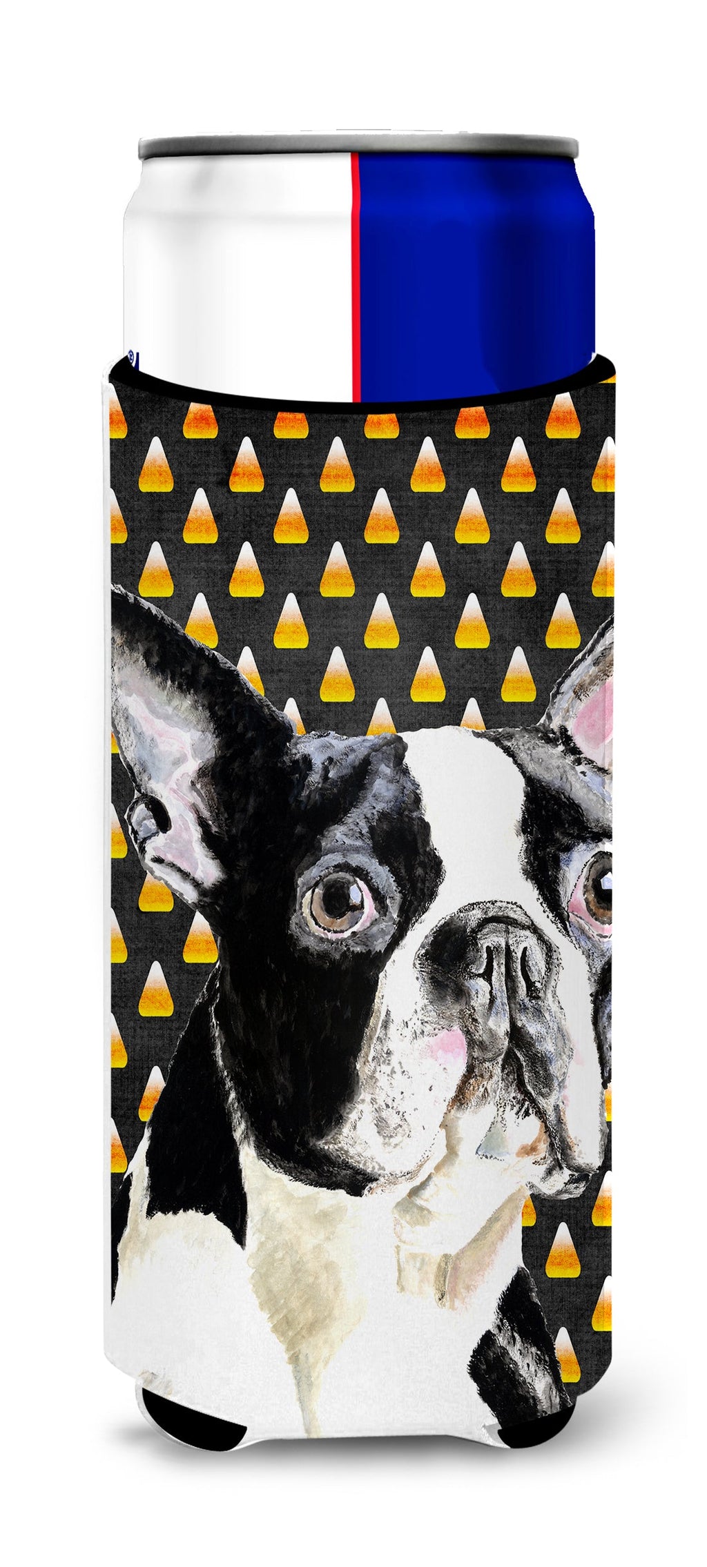 Boston Terrier Candy Corn Halloween Portrait Slim Can Hugger , Insulated Foam Hugger for 12 oz Slim Cans, Beer Bottles & Water Bottles, Printed in USA