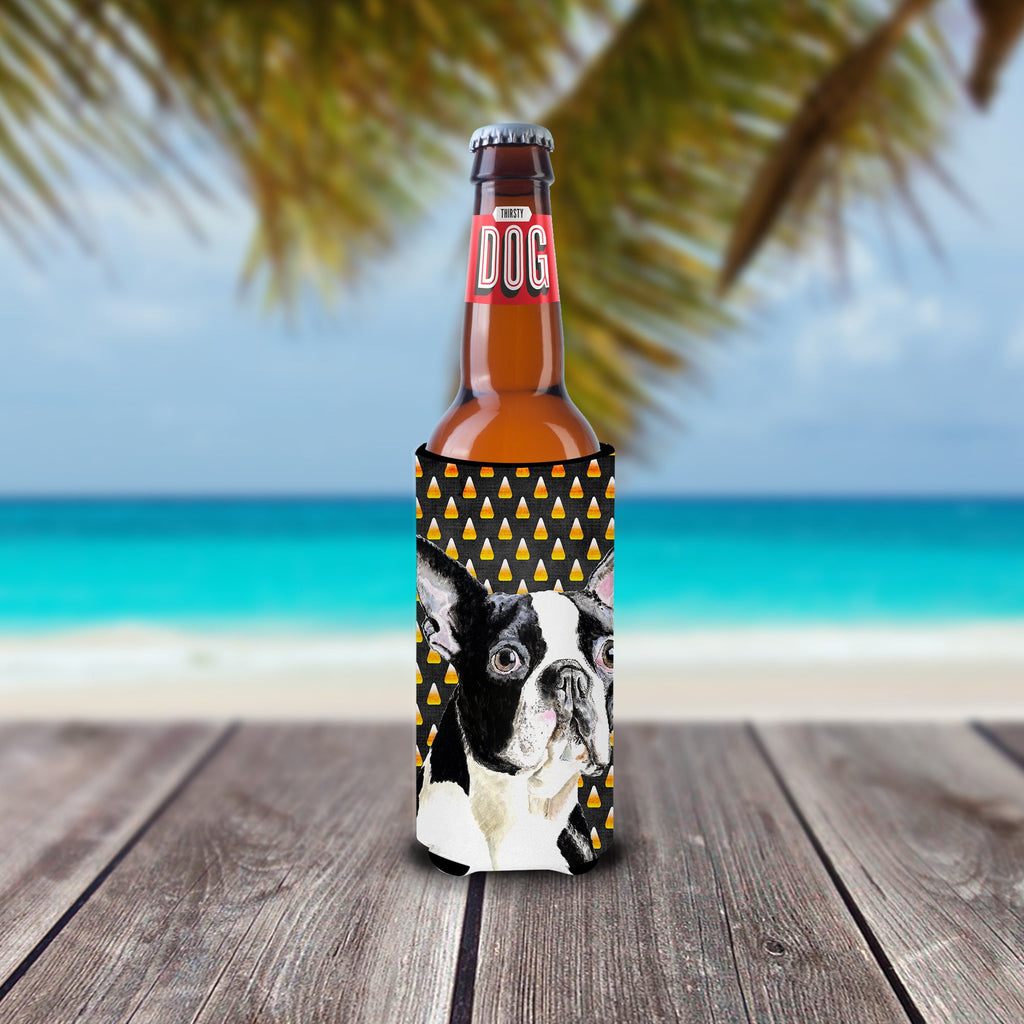 Boston Terrier Candy Corn Halloween Portrait Slim Can Hugger , Insulated Foam Hugger for 12 oz Slim Cans, Beer Bottles & Water Bottles, Printed in USA