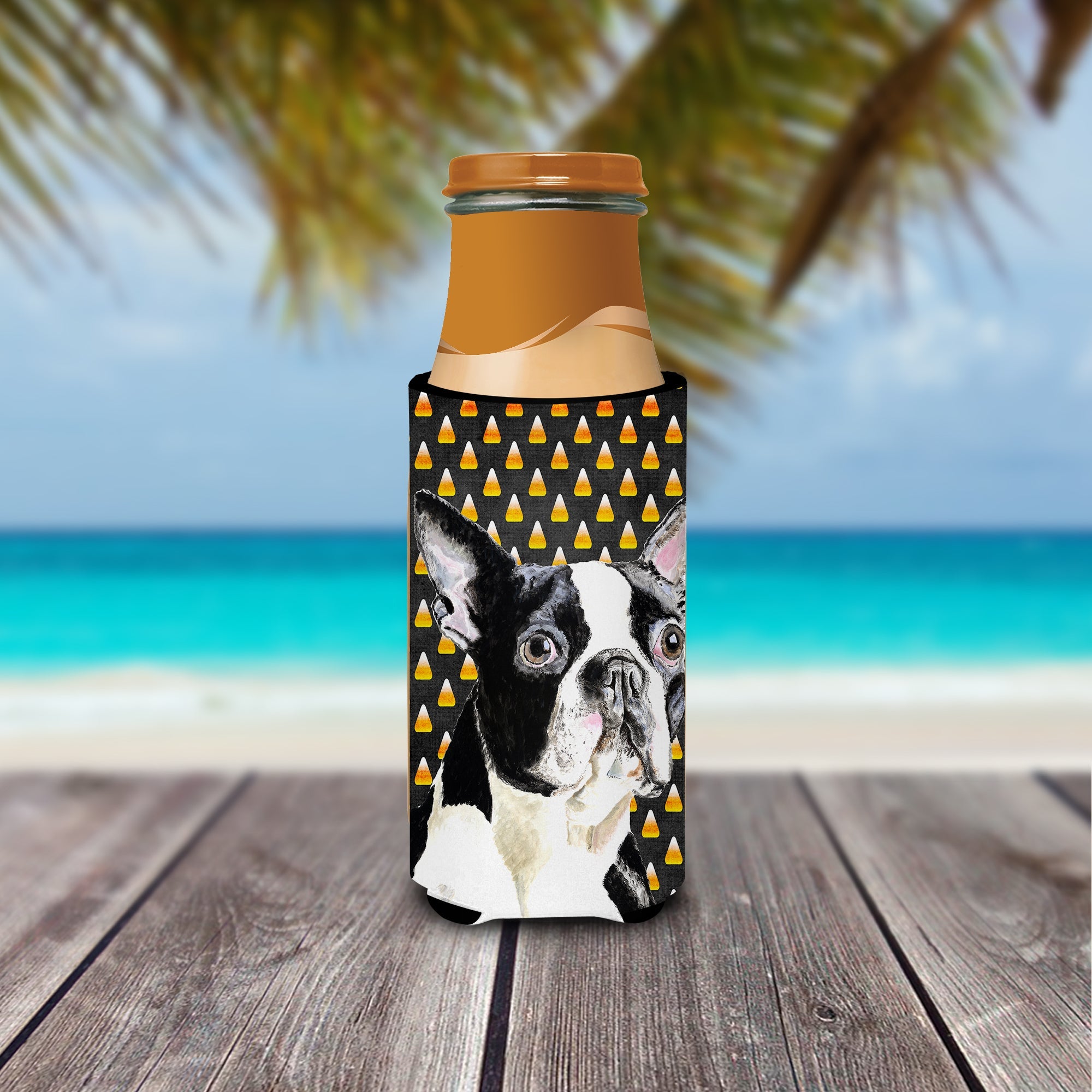 Boston Terrier Candy Corn Halloween Portrait Slim Can Hugger , Insulated Foam Hugger for 12 oz Slim Cans, Beer Bottles & Water Bottles, Printed in USA