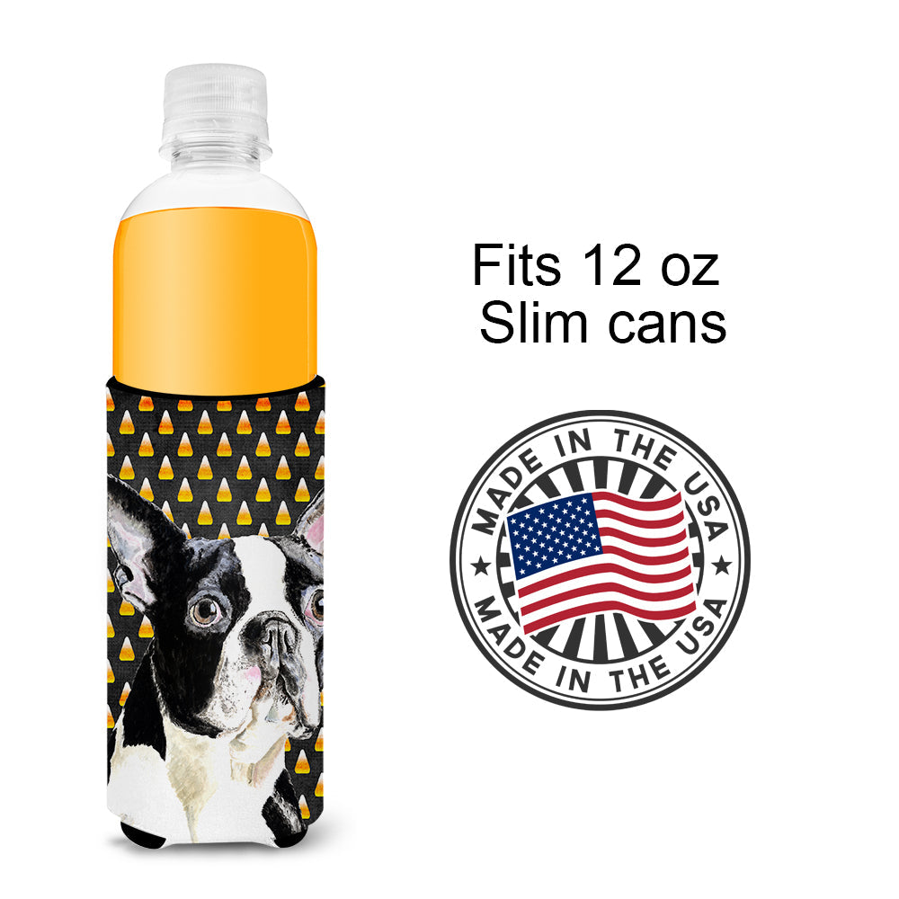 Boston Terrier Candy Corn Halloween Portrait Slim Can Hugger , Insulated Foam Hugger for 12 oz Slim Cans, Beer Bottles & Water Bottles, Printed in USA