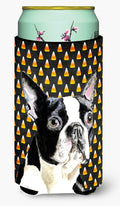 Boston Terrier Candy Corn Halloween Portrait Tall Boy Hugger Can Cooler Sleeve Machine Washable Drink Collapsible Insulator Beverage Insulated Holder