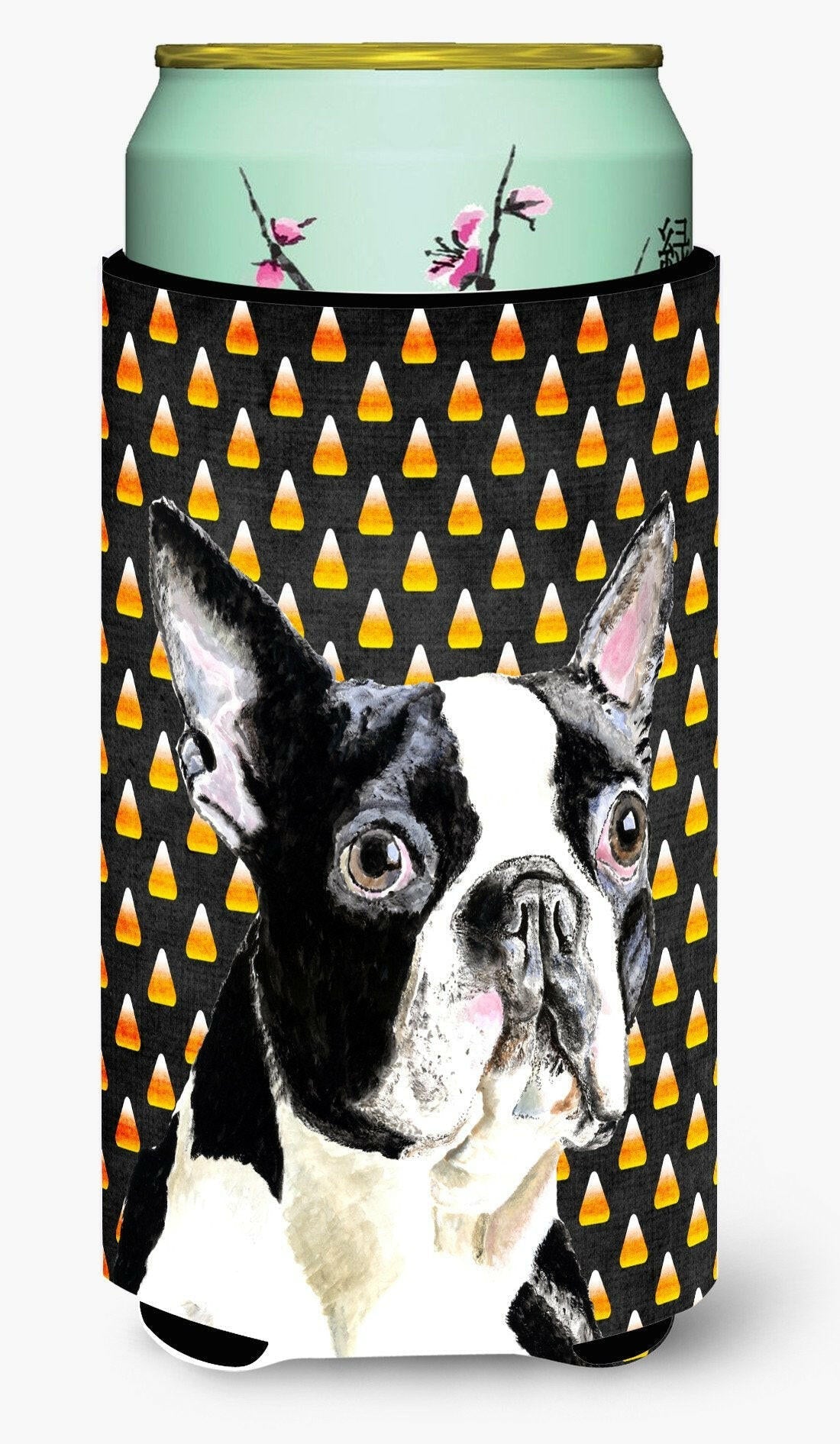 Boston Terrier Candy Corn Halloween Portrait Tall Boy Hugger Can Cooler Sleeve Machine Washable Drink Collapsible Insulator Beverage Insulated Holder