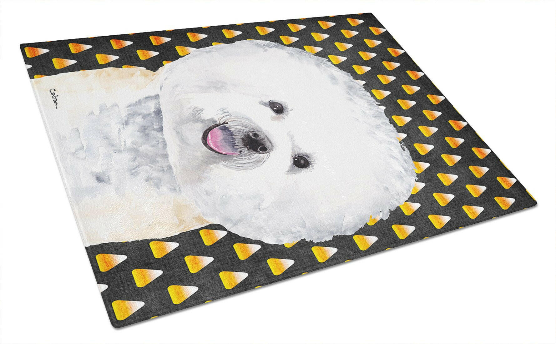 Bichon Frise Candy Corn Halloween Portrait Cutting Board Tempered Glass Kitchen Cutting Surface, Heat Resistant Chopping, Non-Slip Feet, Food Prep & Serving