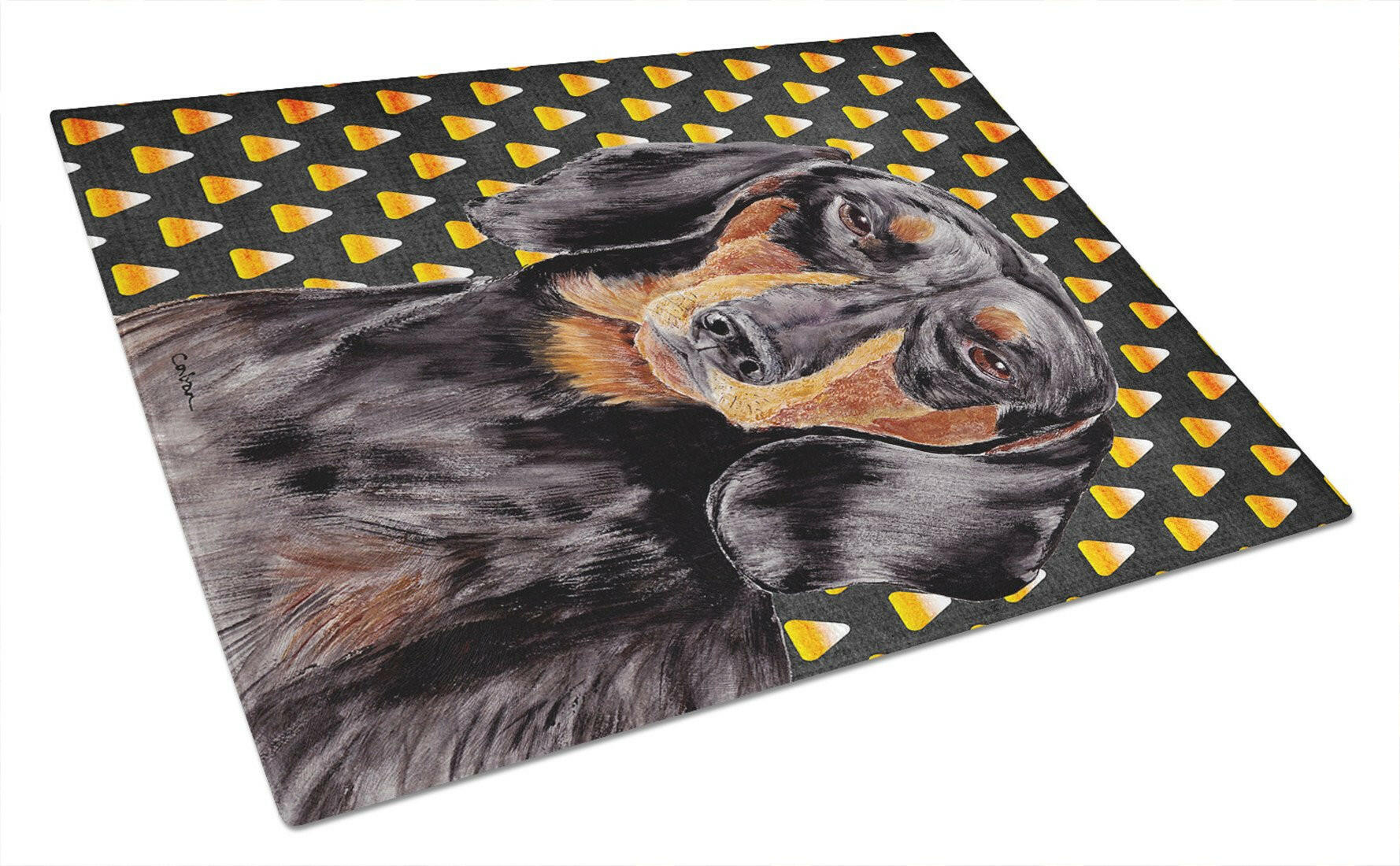 Dachshund Candy Corn Halloween Portrait Cutting Board Tempered Glass Kitchen Cutting Surface, Heat Resistant Chopping, Non-Slip Feet, Food Prep & Serving