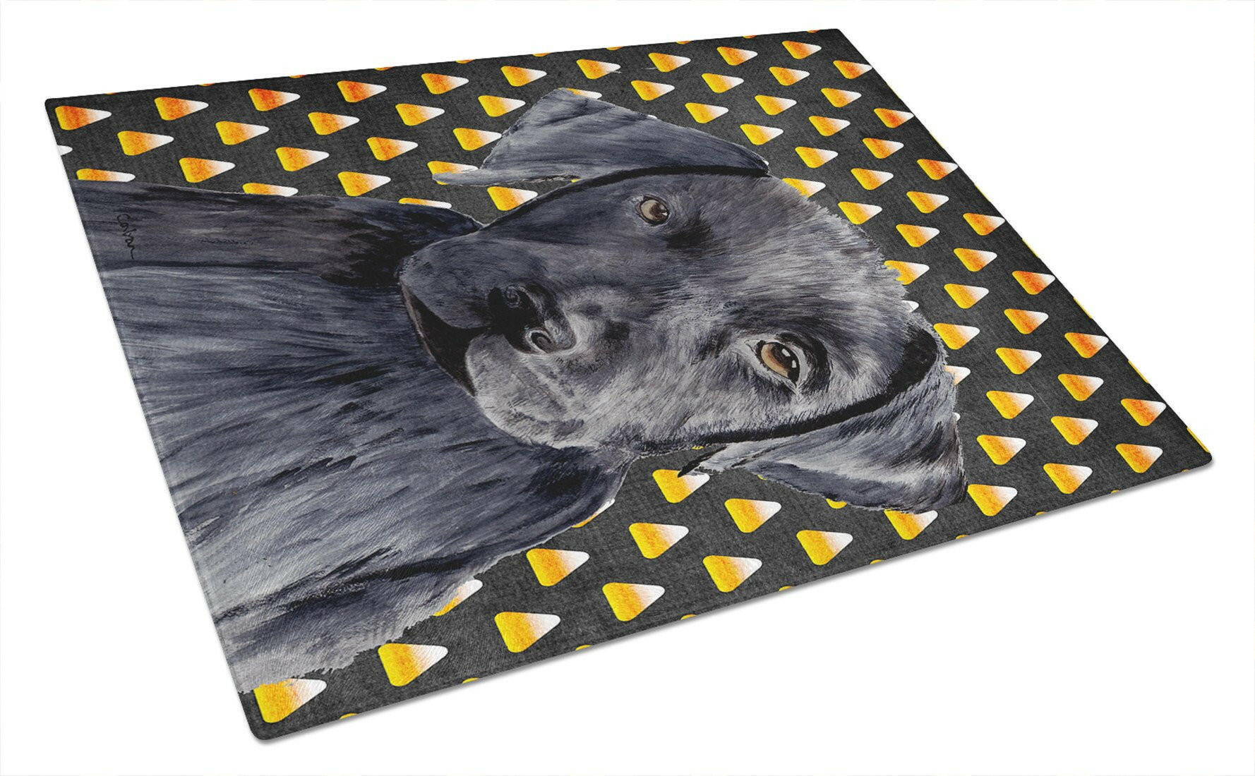 Labrador Candy Corn Halloween Portrait Cutting Board Tempered Glass Kitchen Cutting Surface, Heat Resistant Chopping, Non-Slip Feet, Food Prep & Serving