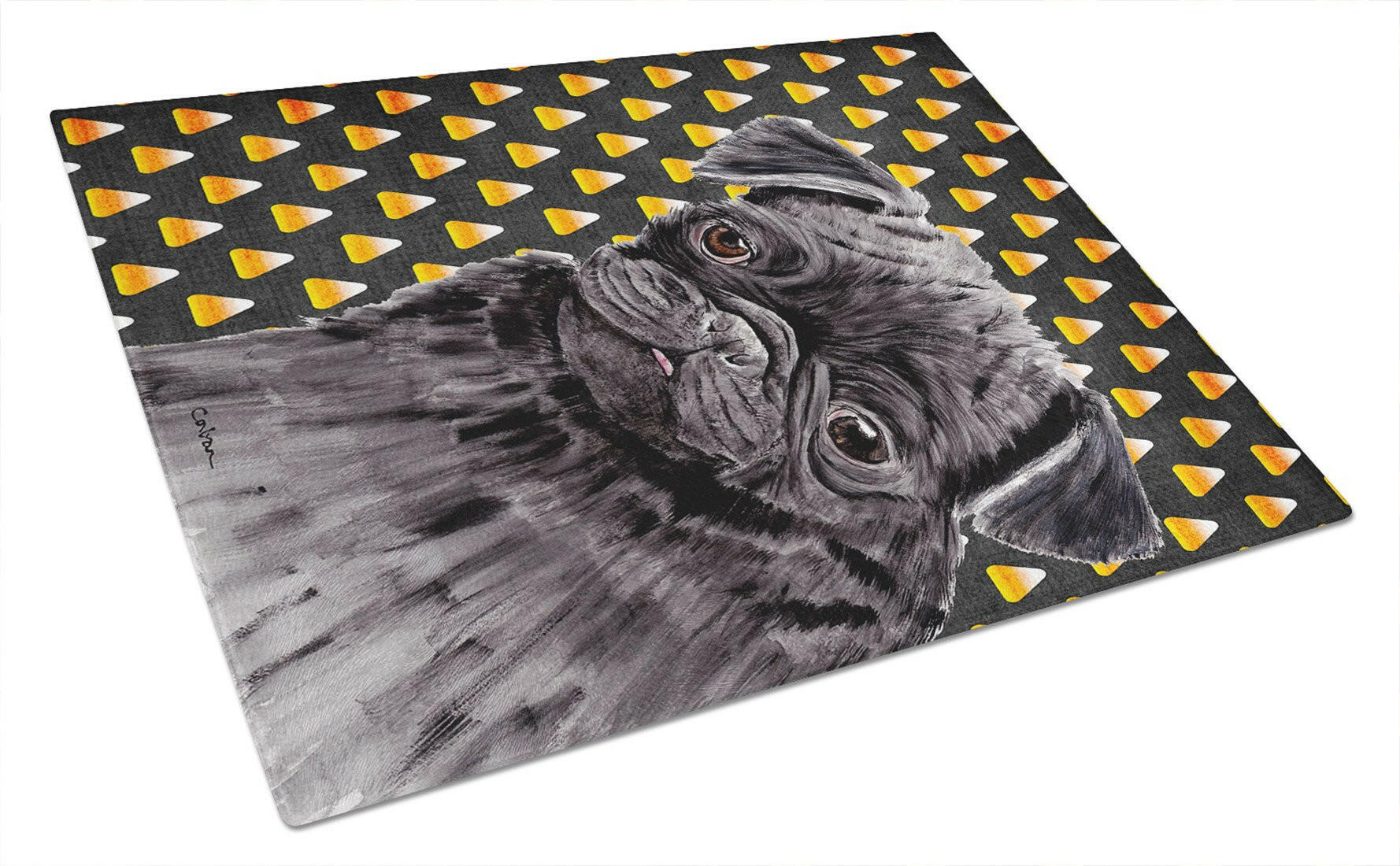 Pug Candy Corn Halloween Portrait Cutting Board Tempered Glass Kitchen Cutting Surface, Heat Resistant Chopping, Non-Slip Feet, Food Prep & Serving