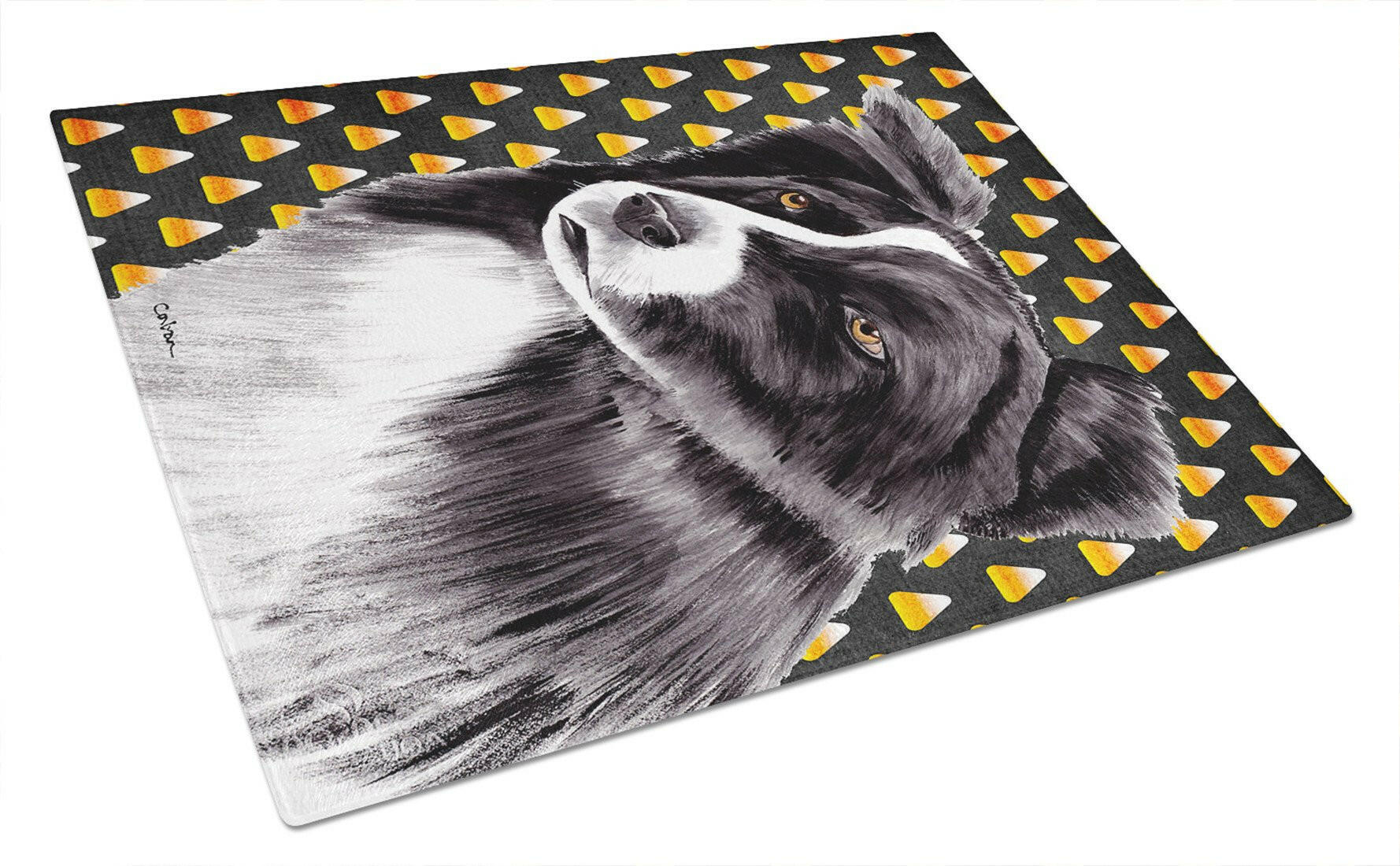 Border Collie Candy Corn Halloween Portrait Cutting Board Tempered Glass Kitchen Cutting Surface, Heat Resistant Chopping, Non-Slip Feet, Food Prep & Serving