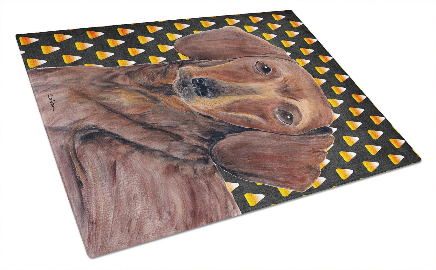 Dachshund Candy Corn Halloween Portrait Cutting Board Tempered Glass Kitchen Cutting Surface, Heat Resistant Chopping, Non-Slip Feet, Food Prep & Serving