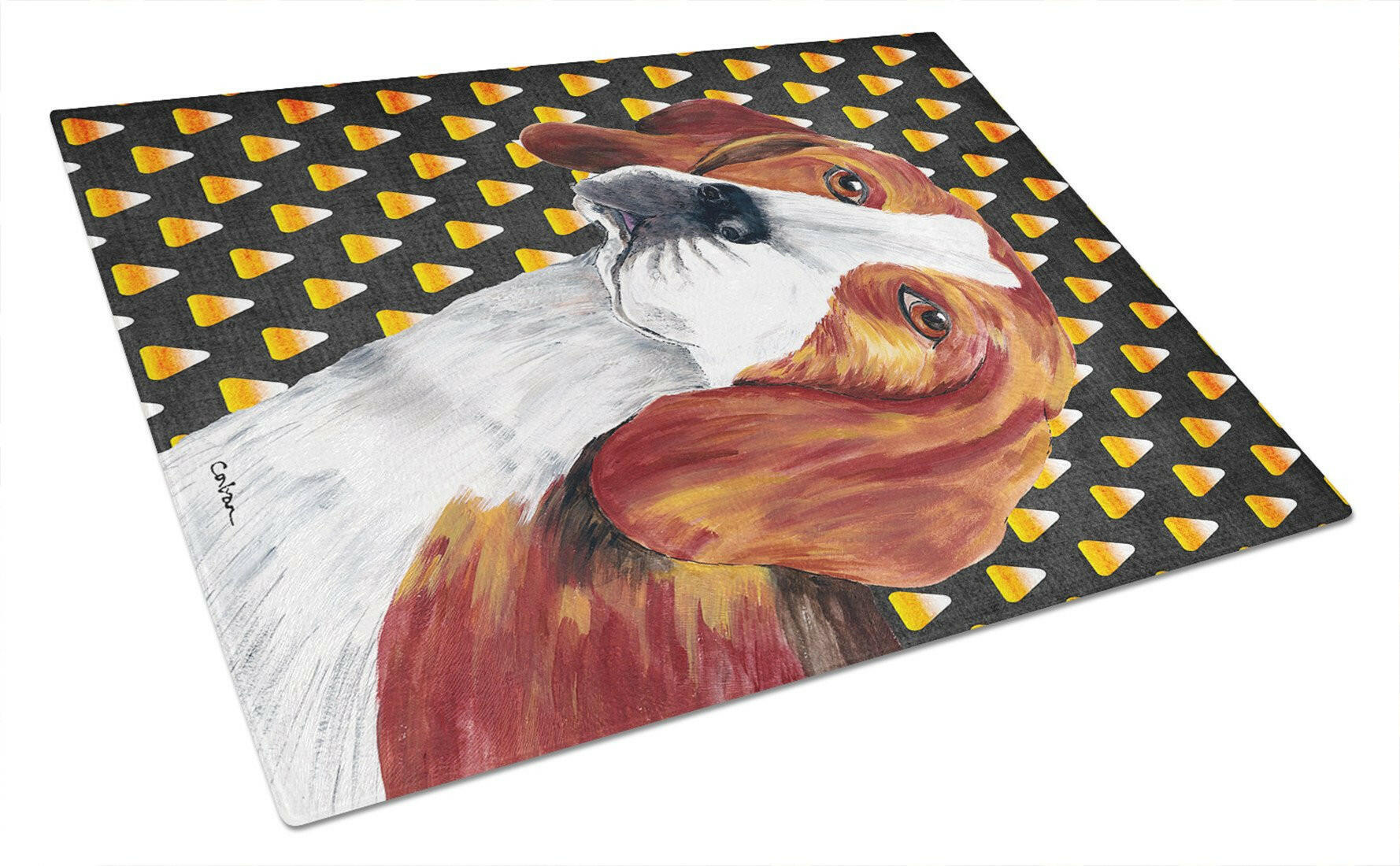 Beagle Candy Corn Halloween Portrait Cutting Board Tempered Glass Kitchen Cutting Surface, Heat Resistant Chopping, Non-Slip Feet, Food Prep & Serving