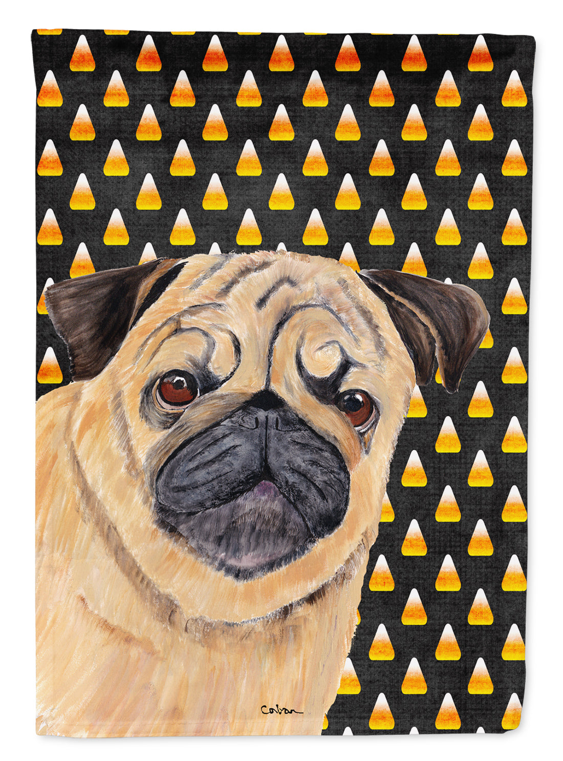 Pug Candy Corn Halloween Portrait House Flag 28x40 Porch Sleeve Pole Decorative Outside Yard Banner Artwork Wall Hanging, Polyester