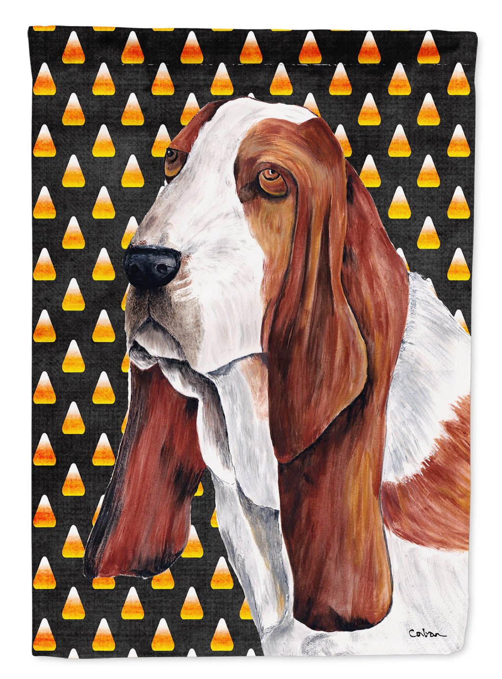 Basset Hound Candy Corn Halloween Portrait House Flag 28x40 Porch Sleeve Pole Decorative Outside Yard Banner Artwork Wall Hanging, Polyester