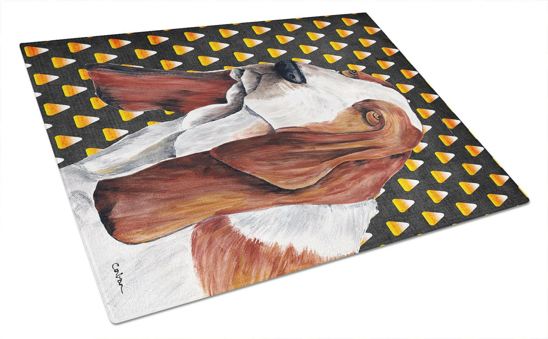 Basset Hound Candy Corn Halloween Portrait Cutting Board Tempered Glass Kitchen Cutting Surface, Heat Resistant Chopping, Non-Slip Feet, Food Prep & Serving