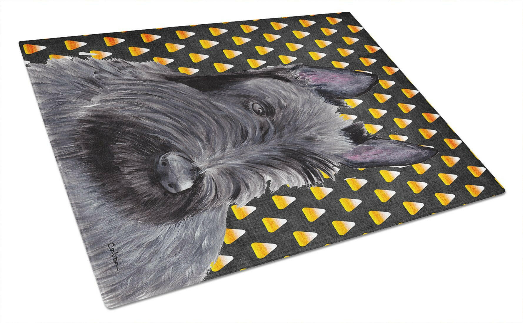 Scottish Terrier Candy Corn Halloween Portrait Cutting Board Tempered Glass Kitchen Cutting Surface, Heat Resistant Chopping, Non-Slip Feet, Food Prep & Serving