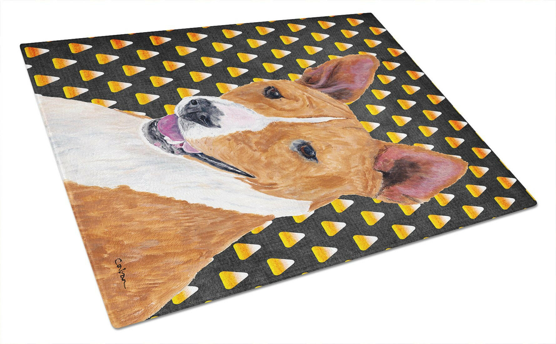 Basenji Candy Corn Halloween Portrait Cutting Board Tempered Glass Kitchen Cutting Surface, Heat Resistant Chopping, Non-Slip Feet, Food Prep & Serving